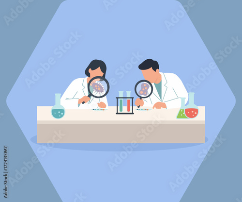 Flat vector of scientists in lab coats analyzing samples with glassware, teamwork, and colorful chemistry in a modern research setting