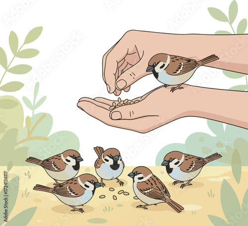A person's hands gently feeding a flock of cute house sparrows, with one small bird perched and eating from their palm, a peaceful scene.