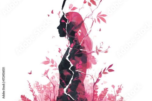Silhouette of woman intertwined with vibrant pink foliage, symbo