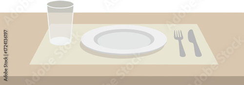 A simple, minimalist table setting with an empty white plate, fork, knife, and glass, ready for a meal in a clean and quiet space.