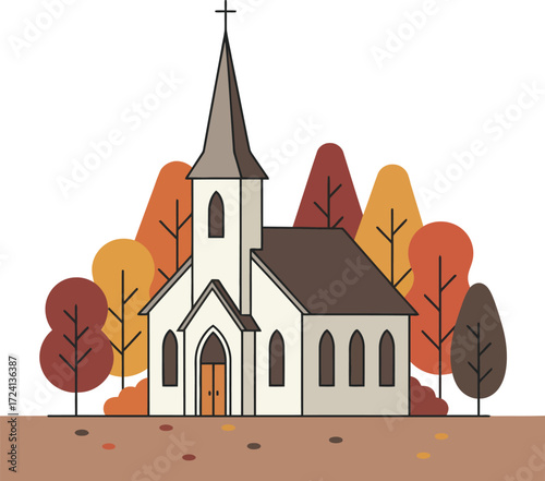 A serene autumn landscape with a traditional church building, with a cross on top, surrounded by colorful trees in shades of orange, yellow, and brown under a soft sky.