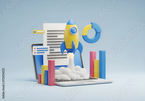 3d render of startup rocket launch business growth chart data analytics and finance