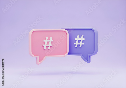 Two 3d speech bubbles with hashtag symbols in pink and purple colors