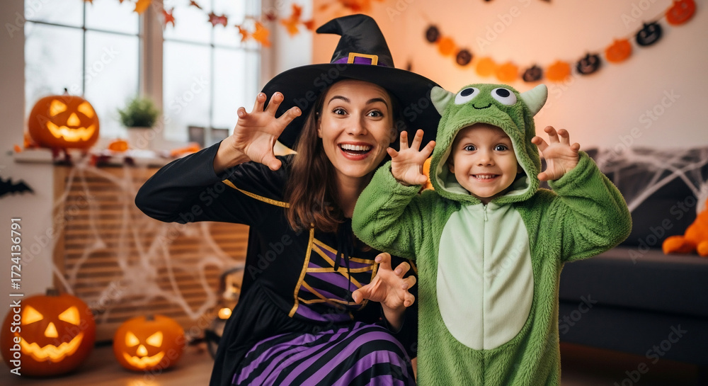Obraz premium Joyful mother and child in Halloween costumes, witch and frog, playfully scaring for spooky holiday fun with jack-o'-lanterns and festive decorations creating a magical, memorable family experience.
