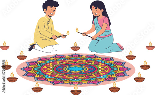 Joyful Indian children celebrating Diwali, the festival of lights, decorating home with lit oil lamps and beautiful Rangoli design.