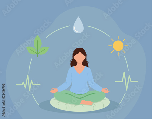 Flat vector of meditation and wellness, showing harmony with nature, balance, mindfulness, and holistic health in a calming flow