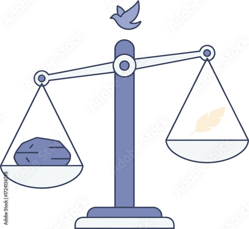 Justice and equality concept with balancing scales, a heavy stone on one side and a light feather on the other, representing fairness.