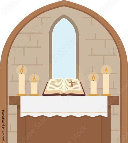 Open Bible with cross on altar, surrounded by lit candles, representing spiritual worship, faith, prayer and Christian religious ceremony.