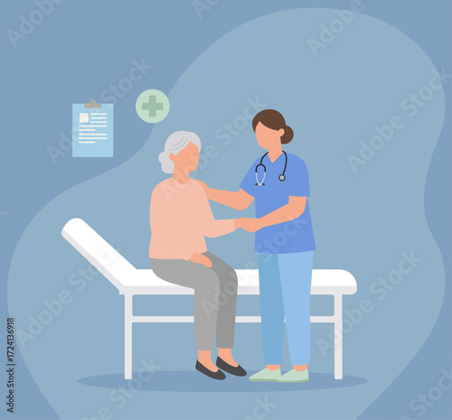 Compassionate healthcare scene showing a doctor supporting an elderly patient with empathy and care in a clinical setting