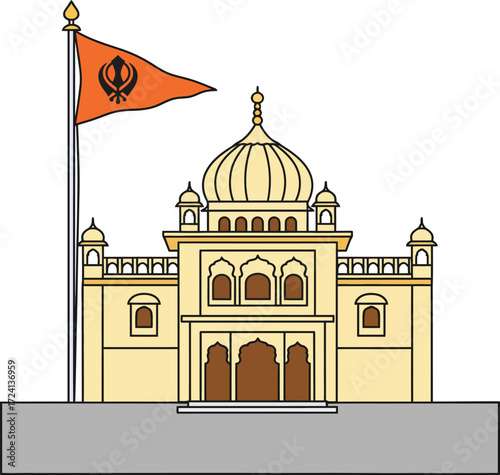 Stylized illustration of a traditional Gurudwara, a sacred place of worship for Sikhs, with the Khanda flag flying high in a blue sky.