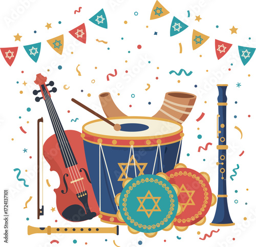 A vibrant display of traditional Jewish musical instruments including a drum, violin, shofar, and tambourines, surrounded by festive banners and confetti for a celebration.