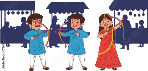 Celebrating the Hindu festival of Dussehra or Vijayadashami, two boys and a girl in traditional attire practice archery under festive banners and fireworks at night.