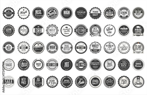 Collection of black premium quality badges. Premium quality, guaranteed, certified sticker tag collection 