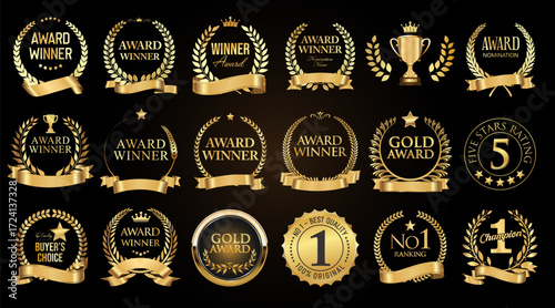 Award Winner emblem collection of gold laurel and gold emblem with text isolated on black background tock illustration 