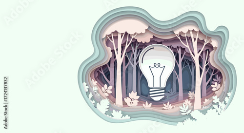 Nature illustration featuring light bulb surrounded by trees and foliage in a serene forest setting. Eco-friendly design highlights energy saving concepts, promoting sustainability and awareness.