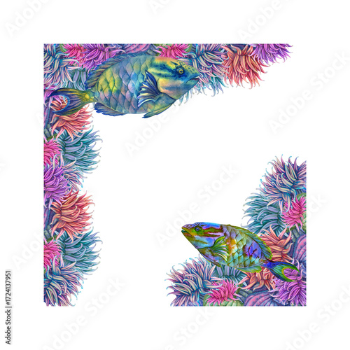Corner frame with a rainbow tropical parrotfish among vibrant corals, sea anemones. Watercolor floral template for marine designs, cards, stickers, scrapbooking, textiles, diving, snorkeling