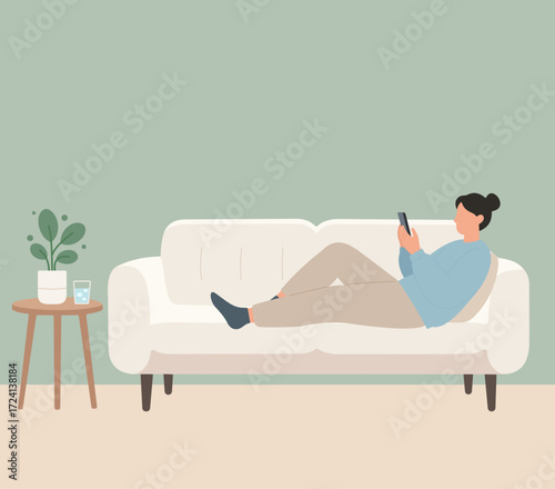 Minimal flat vector of a person relaxing on sofa with smartphone, cozy living room scene with plant and water glass