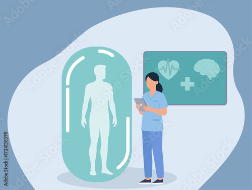 Futuristic healthcare vector showing digital patient monitoring with doctor analyzing vitals on a smart tablet