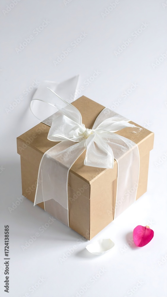 Obraz premium Gift box with white ribbon and rose petals