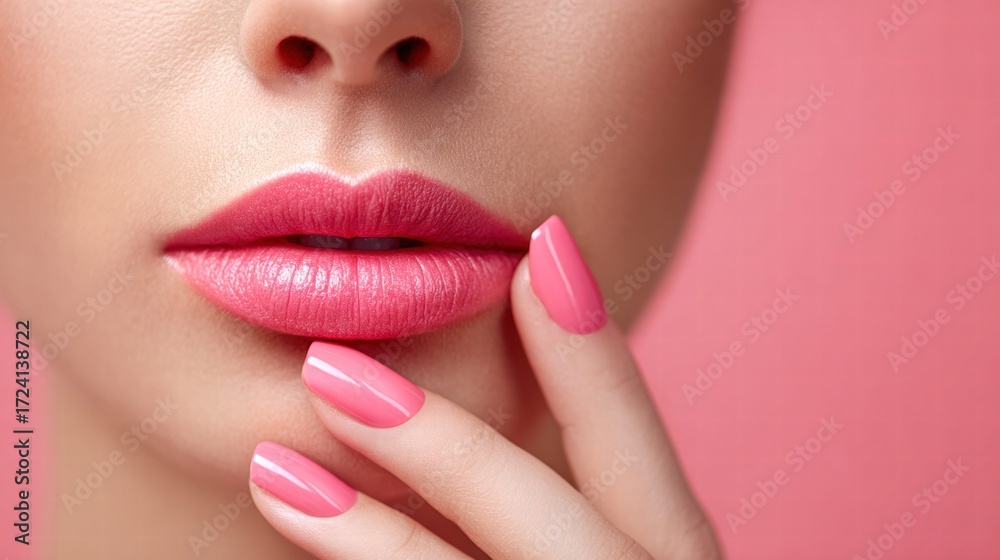 Fototapeta premium Close-up of a woman's face with pink lipstick and matching nail polish.