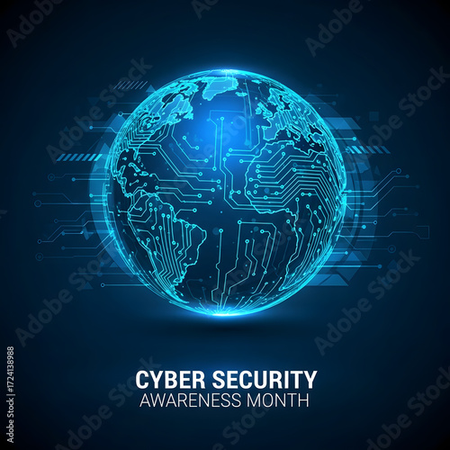 Empowering digital defense: A cyber security awareness month design, illuminating global network protection with cutting-edge technology and a modern, secure world