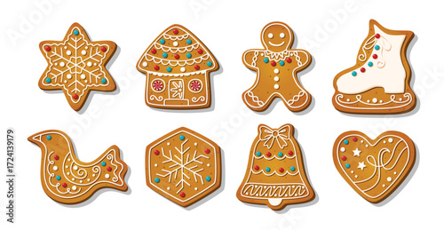 Christmas Gingerbread cookies for xmas celebration. Winter homemade sweets and biscuit in festive shapes isolated on white background. Cute flat desserts. Cartoon vector illustration