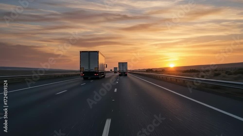 White trucks driving on highway at sunset or sunrise creating a road trip and transportation concept motion footage.
