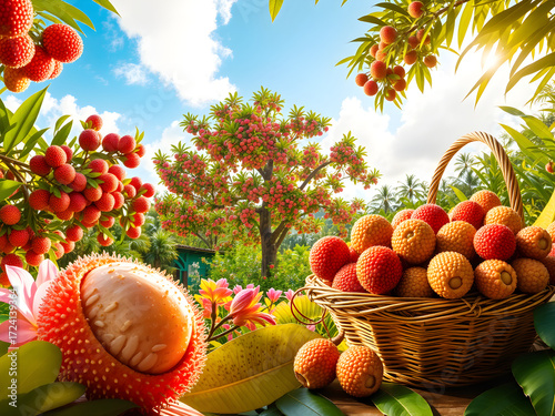 A basket of fruit is displayed in front of a tree