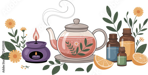 Herbal tea, wellness, aromatherapy, spa, healing, self-care, relaxation, candlelight, essential oils, citrus, chamomile