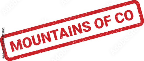 A red rubber stamp announces Mountains of CO in a bold, diagonal design