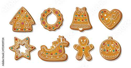 Christmas Gingerbread cookies for xmas celebration. Winter homemade sweets and biscuit in festive shapes isolated on white background. Cute flat decorated desserts. Cartoon vector illustration