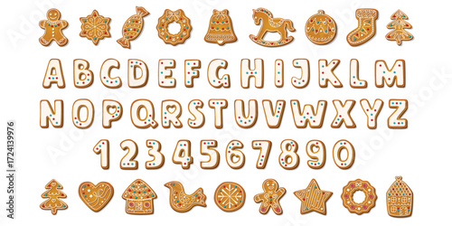 Gingerbread alphabet font and numbers. Winter homemade sweet cookies in festive shapes. Biscuit letters for xmas holiday message. Cute cartoon Vector illustration