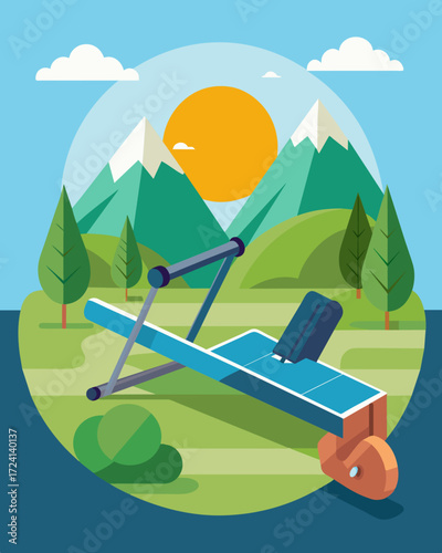 A rowing machine with builtin solar panels positioned near a scenic pond for a serene outdoor exercise experience.. Vector illustration