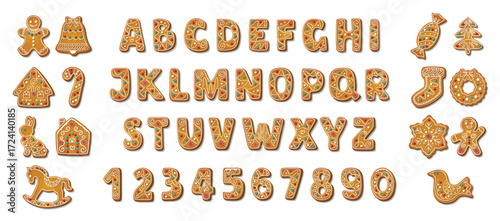 Gingerbread alphabet font and numbers. Winter homemade sweet cookies in festive shapes. Biscuit british letters for xmas holiday message. Cartoon vector illustration