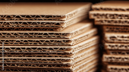 Brown corrugated cardboard sheets stacked neatly with visible texture and layers, suitable for packaging, storage, or crafting projects in a home or office setting.