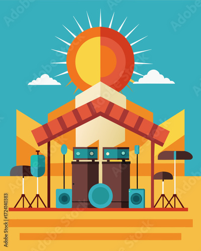 A sunny music stage with the backdrop of multiple solar panels powering not only the performers instruments but also charging stations for the audience.. Vector illustration
