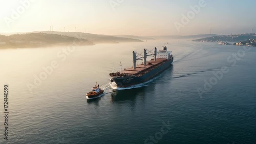 Tugboat assisting big cargo ship sailing through misty sunrise harbor, bulk carrier transport logistic vessel moving through water, footage