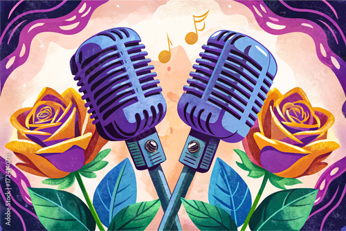 vector of microphone and rose in colorful wallpaper background