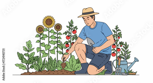 Cartoon illustration of man gardening in his garden, tending soil with hand trowel. Man gardening ensures healthy growth of plants in his garden with watering can, sunflowers and tomatoes.