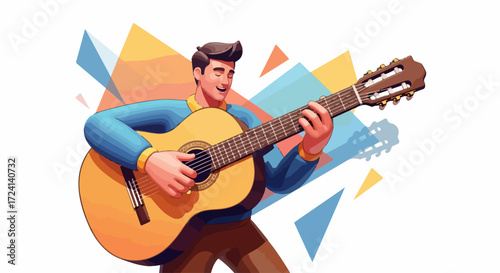 Playing guitar with joyful enthusiasm on stage, this music performance is captivating. Playing guitar adds melodic colors to music performance.