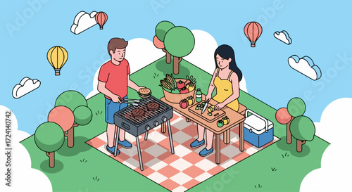 Isometric illustration of couple enjoying outdoor barbecue in park. Man grills burgers, woman prepares vegetables at table for vibrant outdoor barbecue scene.