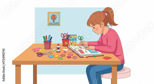 Person scrapbooking with glue, colored paper, and scissors on table. Making scrapbook album involves cutting shapes, gluing, and arranging pictures, perfect for creative pastime.