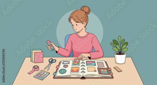 Scrapbooking is her hobby, crafting keepsakes is her pastime, capturing memories in a special way. Scrapbooking materials like colored paper, stickers, and scissors are on table.