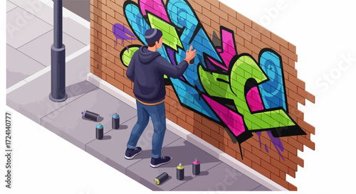 Graffiti art on brick wall with artist spraying colorful design, graffiti art in urban environment. Graffiti art with vibrant painting in broad daylight brings expressive street art to brick facade.