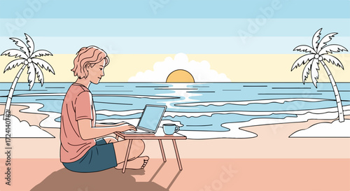 Working remotely from tropical beach with laptop and beverage in paradise, person on remote work at stunning location. Enjoying remote work and beautiful landscape.