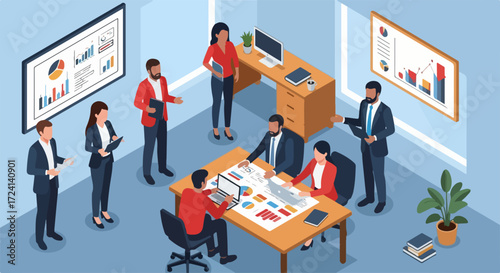 Group discussion in office for business strategy development, team brainstorm, and collaborative planning. Effective group discussion in office with team members analyzing charts and graphs,