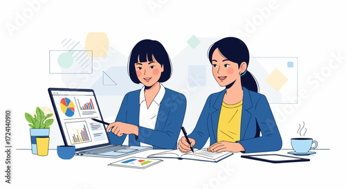 Two business women work together looking at financial charts displayed on laptop screen. Business women are collaborating over report analysis,