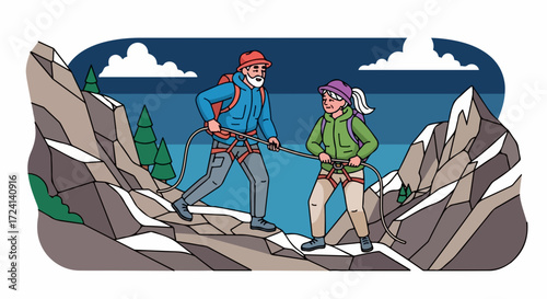 Active senior couple hiking in mountains during nighttime, active senior couple wearing outdoor gear. Hiking together is an active lifestyle for active senior couple,