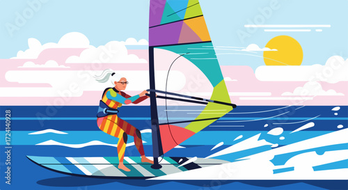 Windsurfing, an exhilarating water sport, is shown with senior woman enjoying water sport, riding waves on a sunny day. Windsurfing provides active lifestyle, joy,