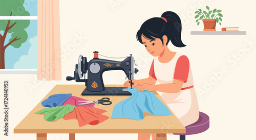 Young woman sewing fabric using vintage sewing machine on wooden table, woman sewing various colorful clothes for fashion project at home. Concept woman sewing for craft workshops, textile design,